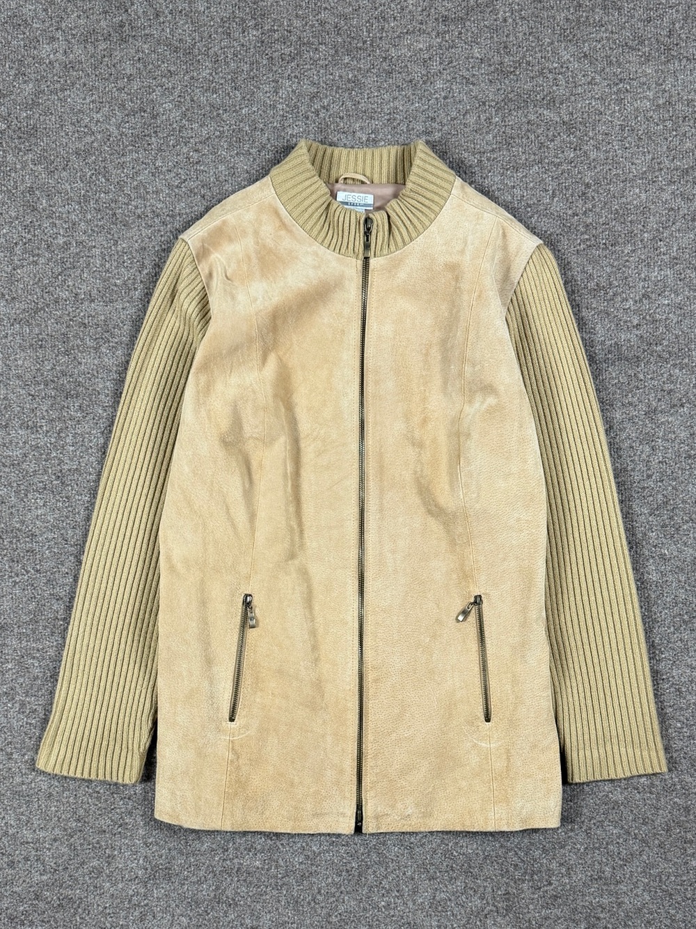 Vintage Tan Suede Leather Mock Neck Zip Up Cardigan Sweater Jacket Women’s 16W